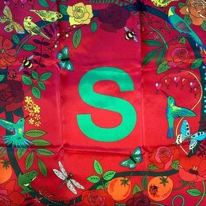 Red Silk “S” Scarf w/Botanicals + Insects/Animals